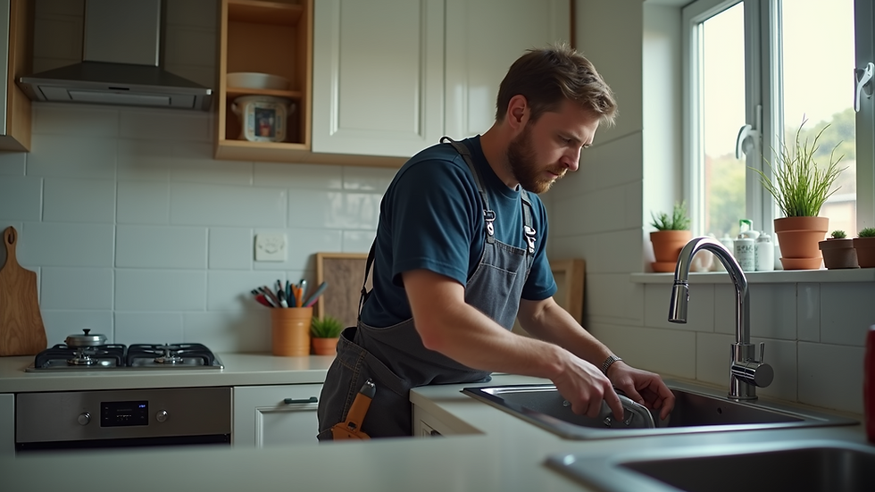 Eye-level view of a handyman fixing a kitchen sink