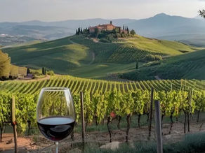 A luxury private villa terrace in Tuscany featuring local wine and pasta overlooking scenic rolling hills and vineyards