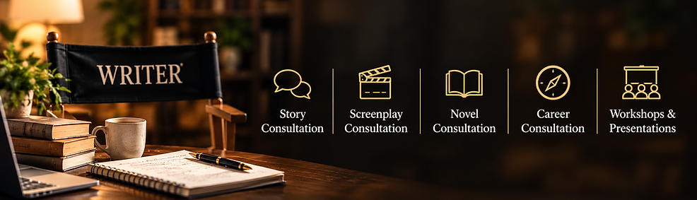 An image of a writer's chair, desk, and notebook with graphics representing each of the services Amy offers.