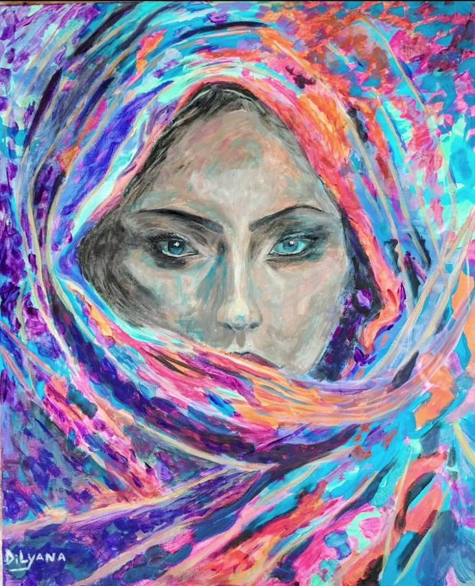 Abstract painting of woman's face, intense blue eyes, vibrant scarf.