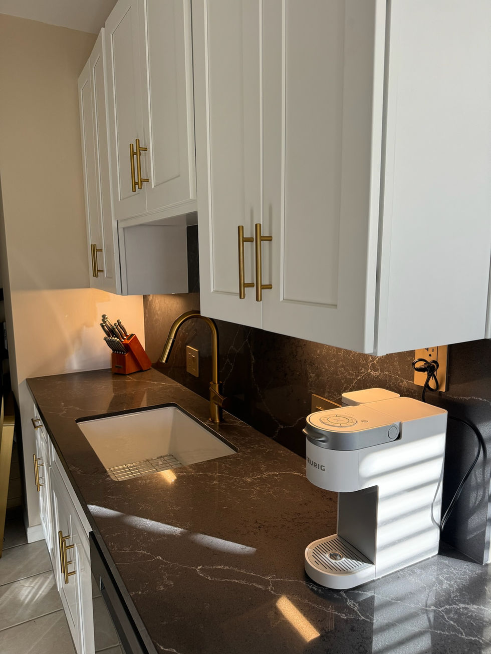 A perspective shot of a long kitchen countertop with integrated high-end appliances.