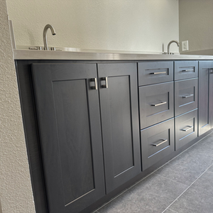 Modern double sink bathroom vanity installation in Rancho.