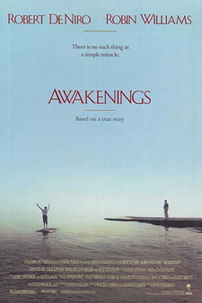 Awakenings (1990) movie based on a true story, medical drama, Oliver Sacks, encephalitis epidemic, L-dopa, Robin Williams, Robert De Niro true story film poster
