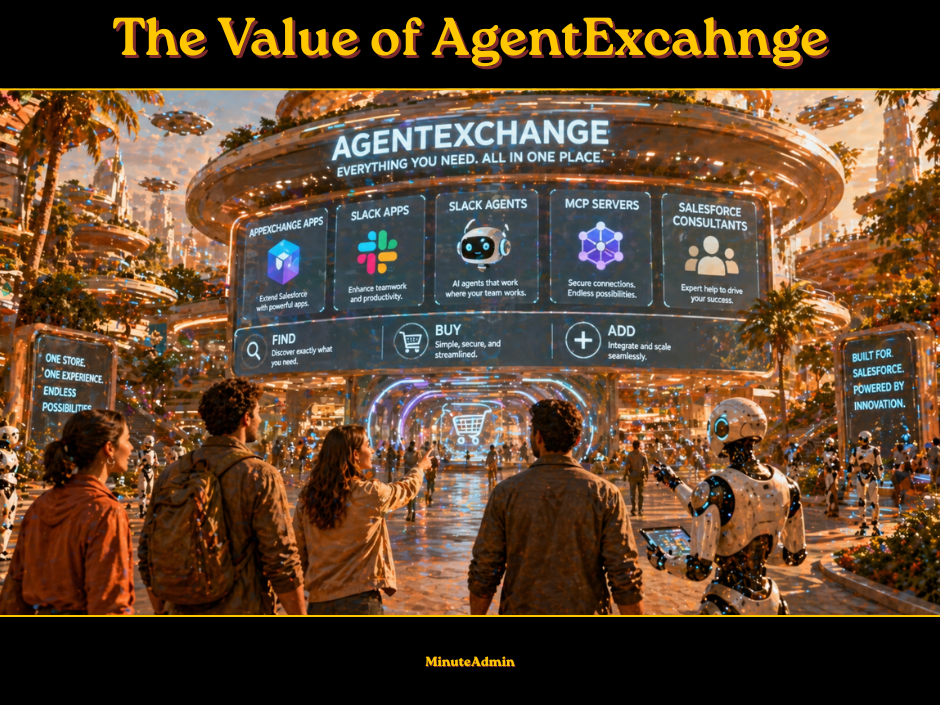 Futuristic setting with people and a robot facing a large digital screen displaying "AgentExchange" with tech features. Lush environment.