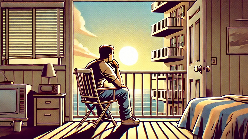 man thinking on his balcony overlooking the pacific ocean