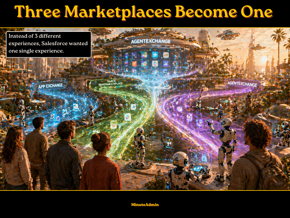Futuristic scene with robots and people observing colorful digital paths labeled AppExchange, Slack Marketplace, and AgentExchange. Text above: Three Marketplaces Become One.