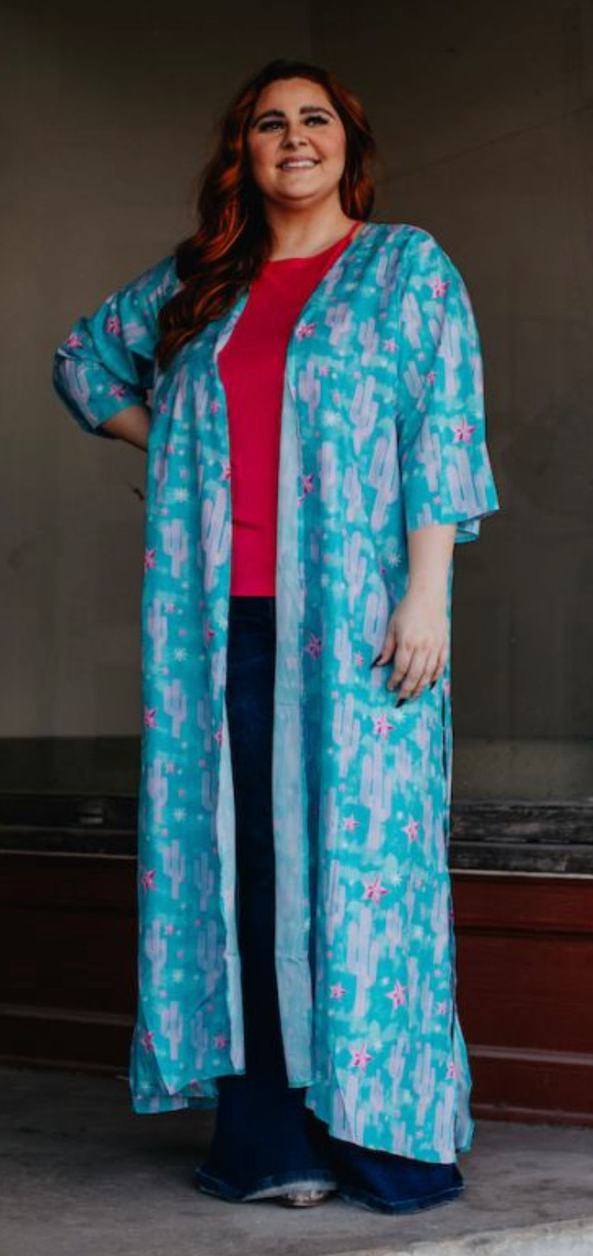Duster Long w Split Sides pink cactus  design