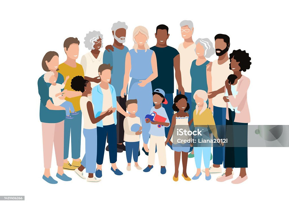 Many people of different races and ages gathered together as a family