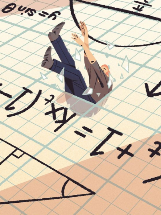 A man falling throw a glass with Mathematical formulas