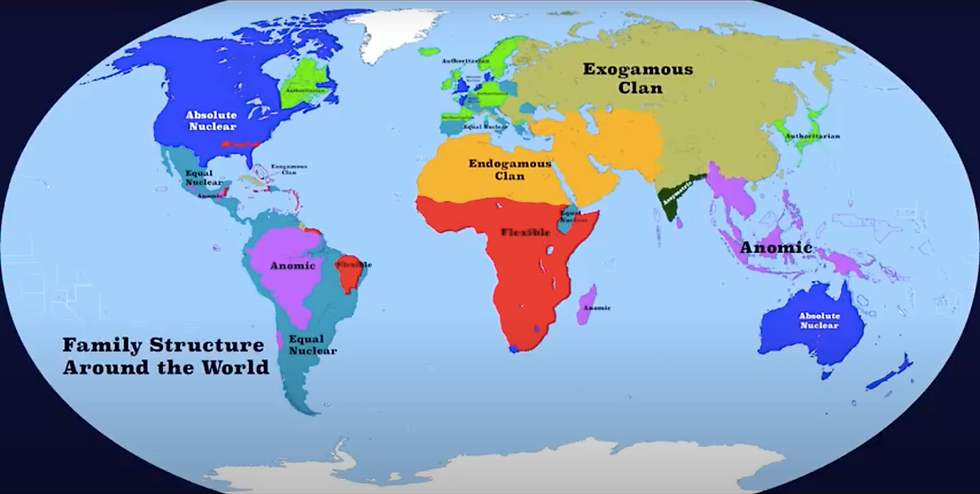A map representing the types of family structures around the world