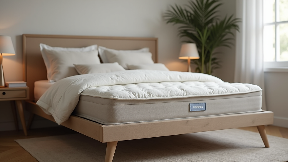 Eye-level view of a cozy bedroom with a hybrid mattress on a bed frame