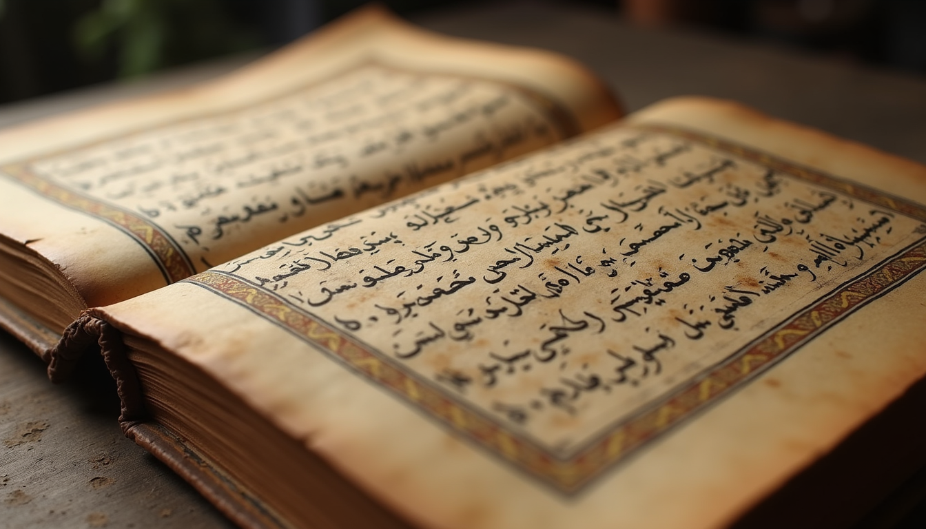 Eye-level view of an ancient manuscript with Arabic calligraphy related to 13th-century Islamic scholarship