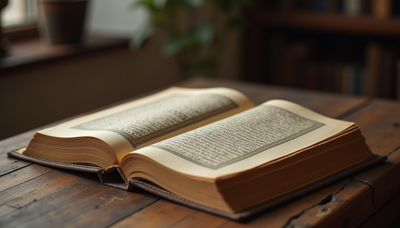 Eye-level view of a historic Islamic manuscript on a wooden table