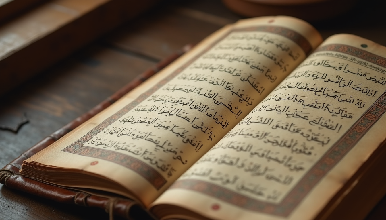 Eye-level view of an ancient manuscript of hadith studies with Arabic calligraphy