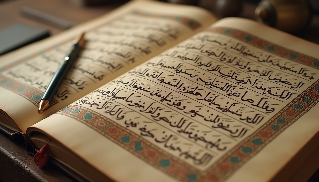 Eye-level view of an ancient Islamic manuscript with intricate calligraphy and geometric patterns