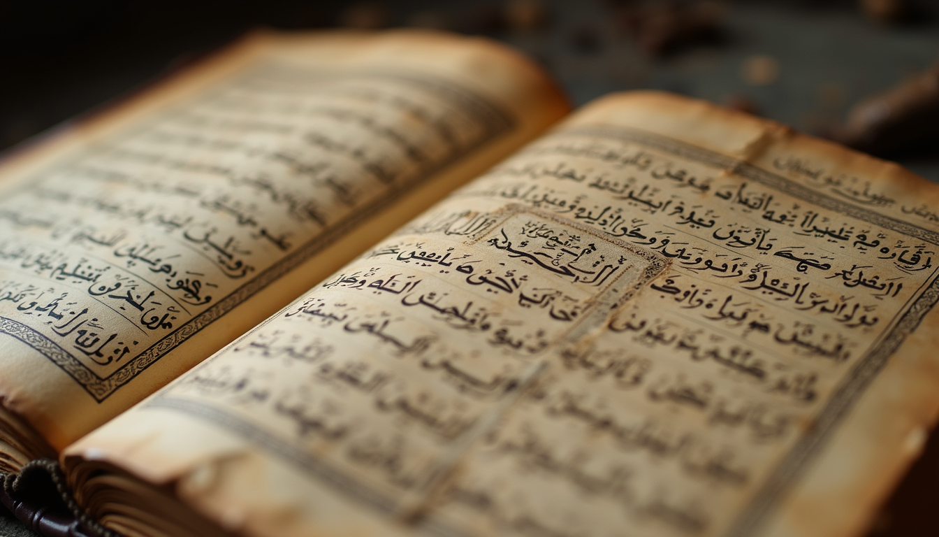 Eye-level view of an ancient manuscript with Arabic calligraphy