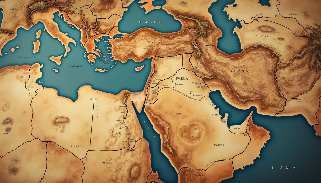 Eye-level view of an ancient map depicting the geography of the Mamluk era
