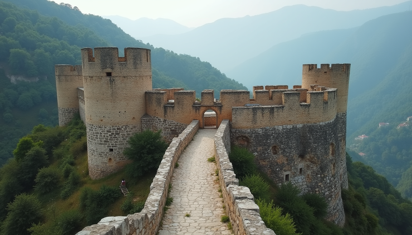 Eye-level view of Hoşap Castle fortress walls and towers
