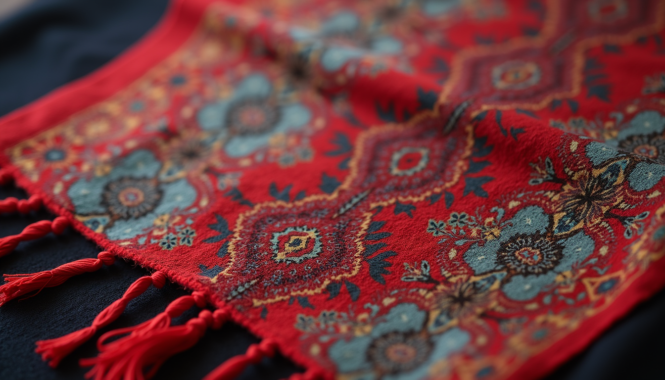 Close-up view of a traditional Rojava scarf with intricate patterns