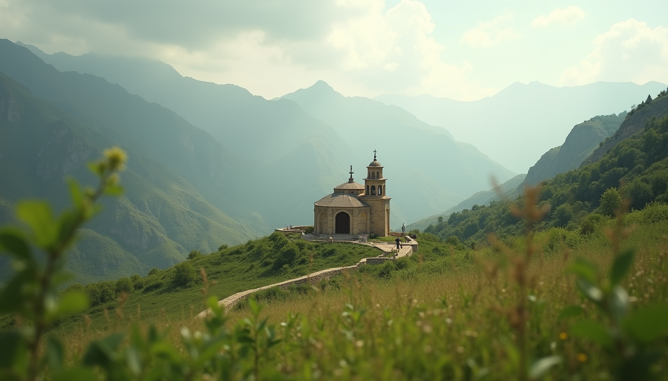 Eye-level view of a serene Yazidi temple surrounded by nature