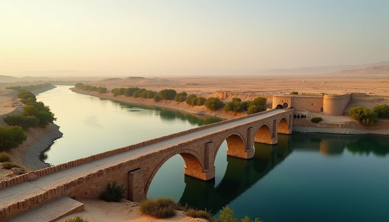 High angle view of the Araxes River bridge built by Al-Fadhl