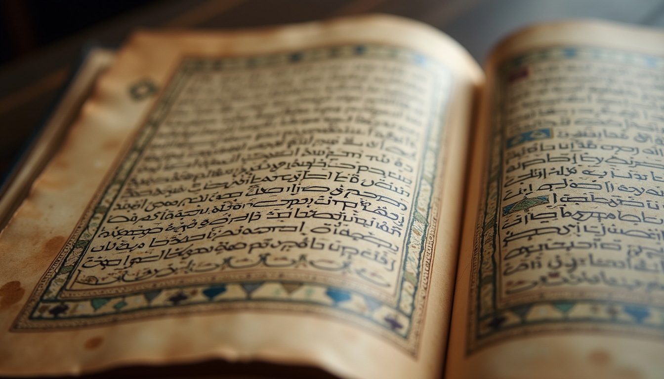 Eye-level view of an ancient manuscript with intricate calligraphy and geometric patterns