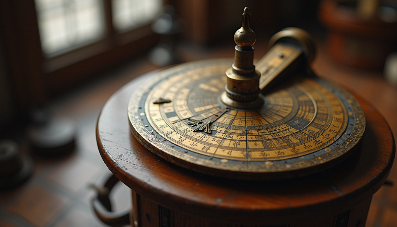 Eye-level view of an ancient astrolabe used in astronomy