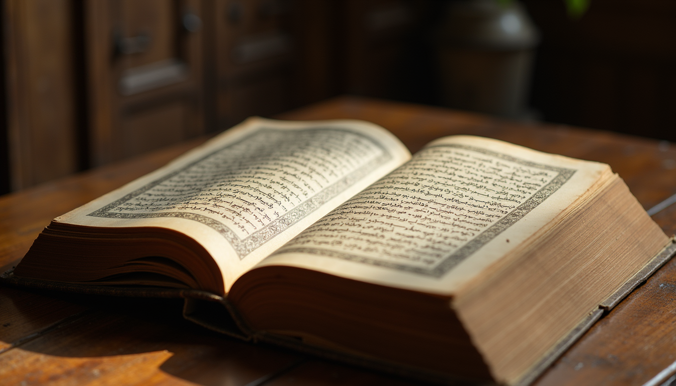 Eye-level view of an ancient manuscript of Mem and Zin displayed on a wooden table
