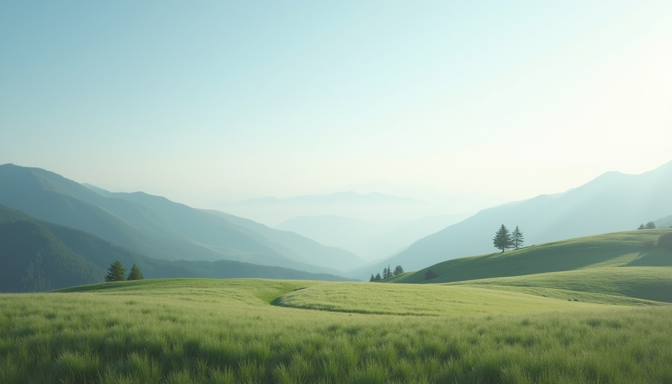 Eye-level view of a serene landscape with a distant mountain range