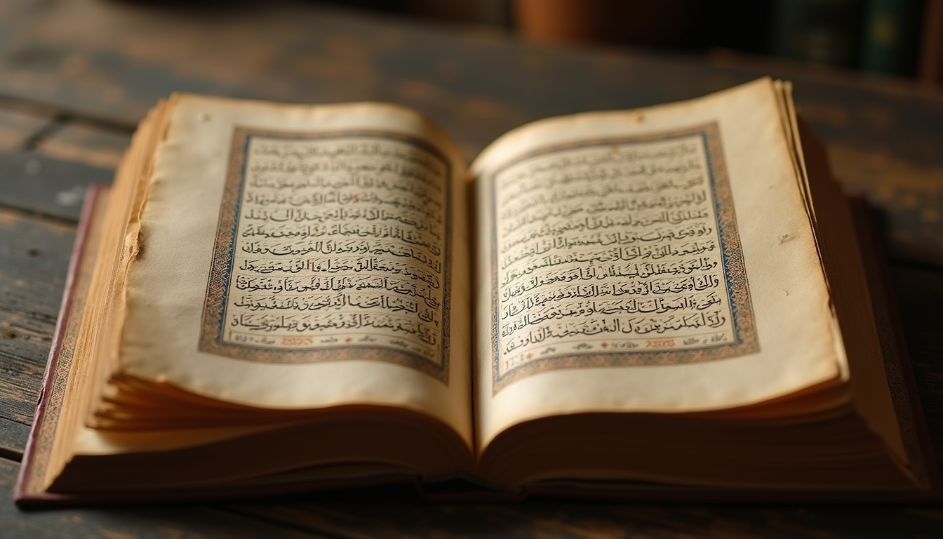 Eye-level view of an ancient Islamic manuscript with intricate calligraphy