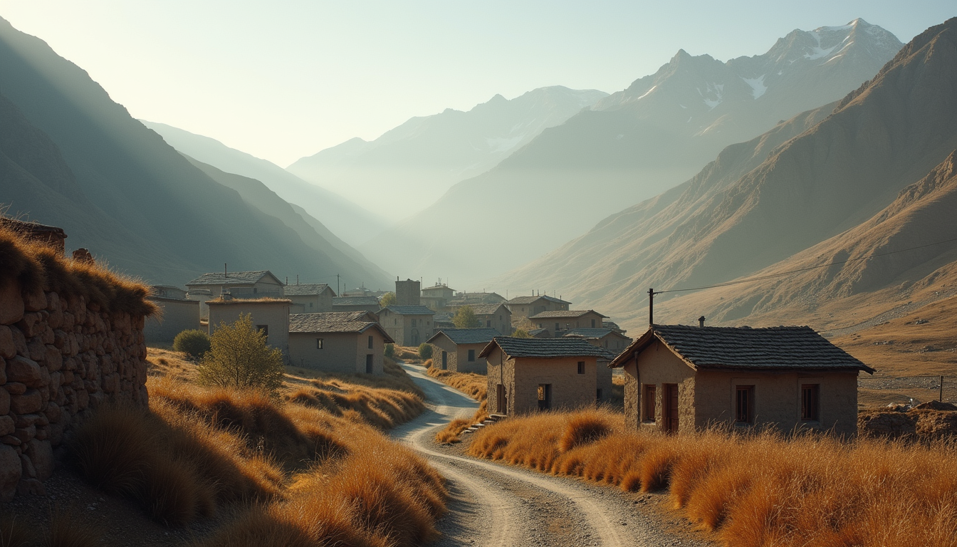 Eye-level view of the village of Bêseran surrounded by mountains and greenery