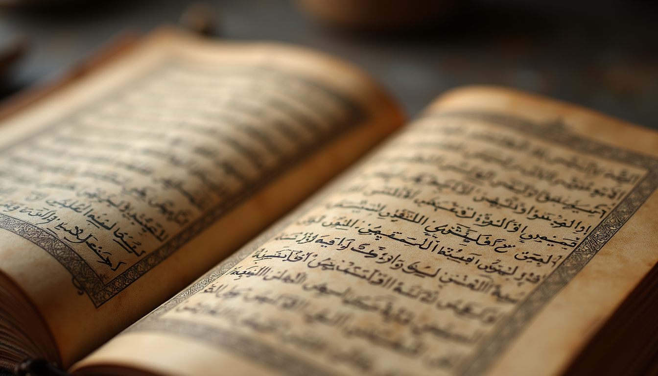 Eye-level view of an ancient manuscript with Arabic calligraphy
