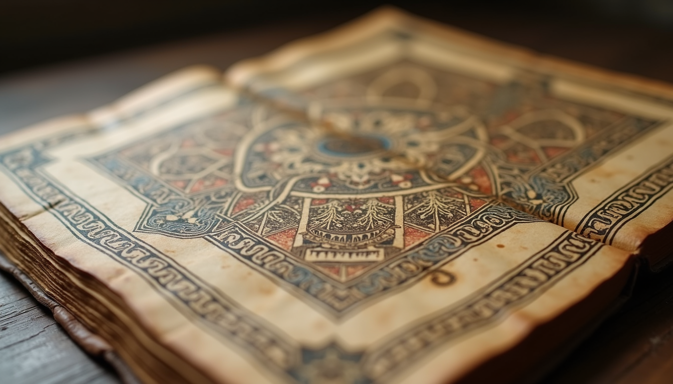 Eye-level view of an ancient manuscript with intricate geometric designs