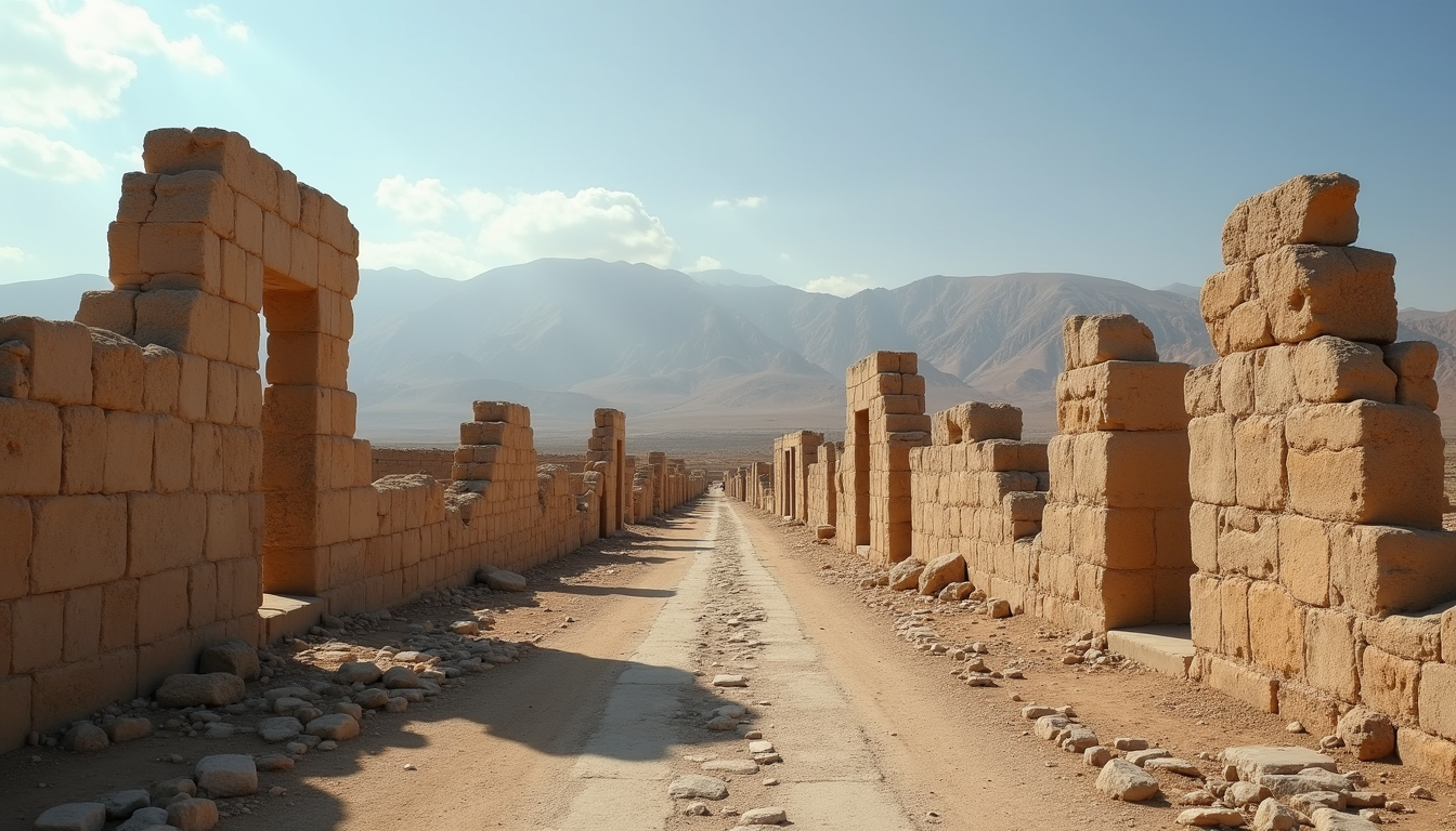 Eye-level view of the ruins of Dinawar town in western Iran, showing ancient stone structures and mountainous background