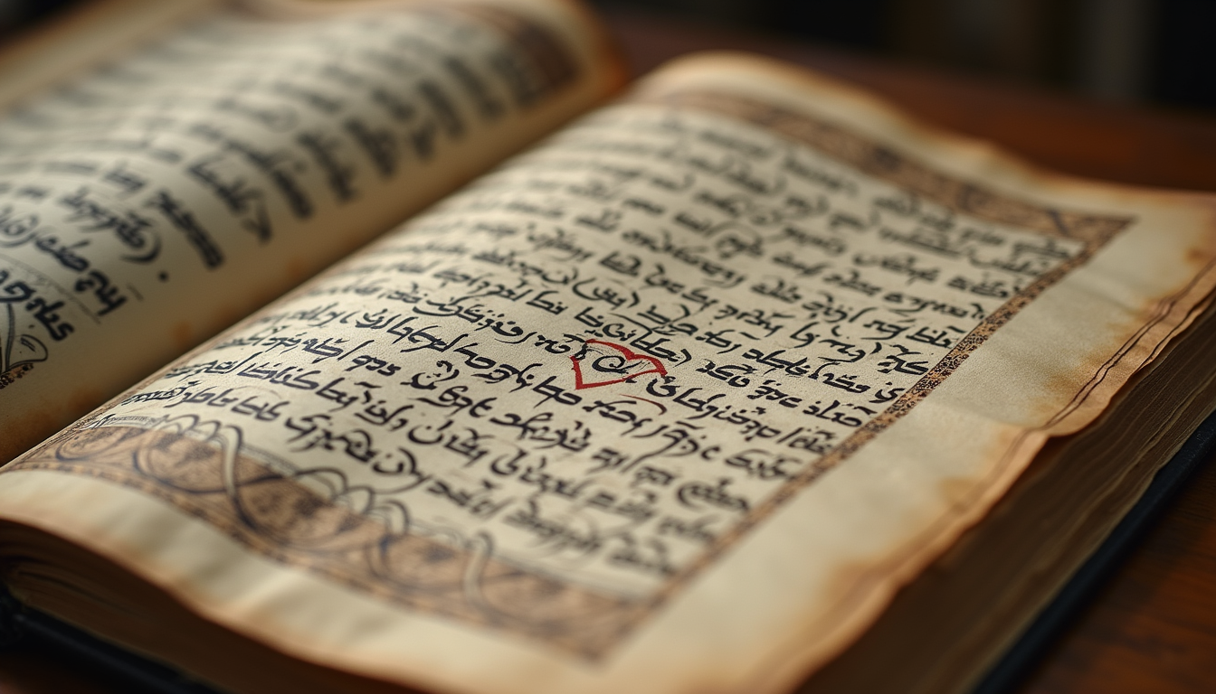 Eye-level view of an ancient manuscript with intricate calligraphy