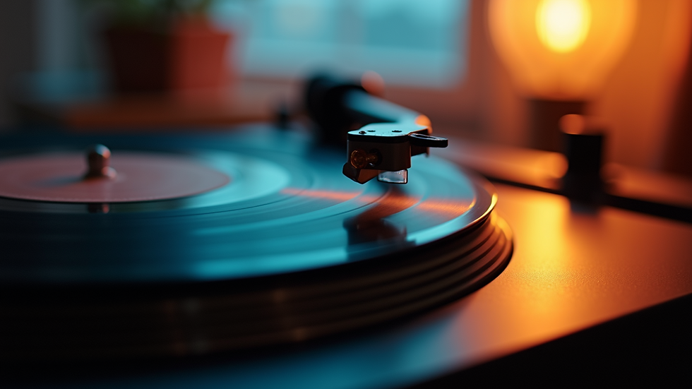 Eye-level view of vinyl record player spinning a hip-hop album