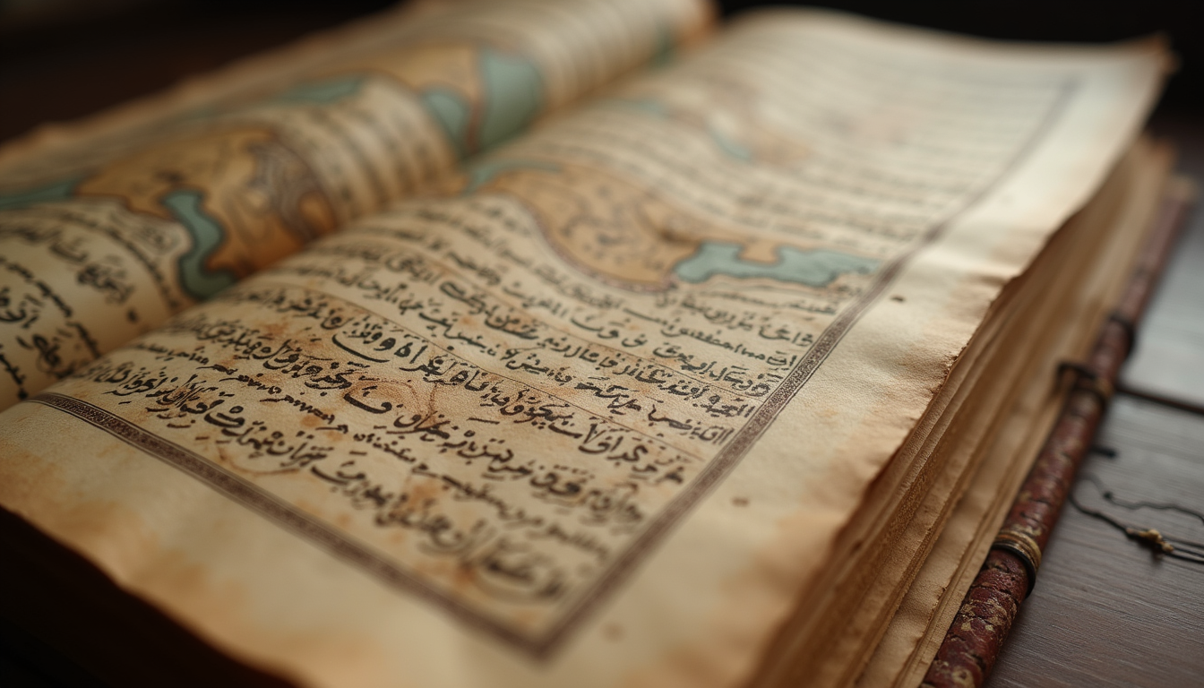 Eye-level view of an ancient manuscript showing detailed maps and Arabic script
