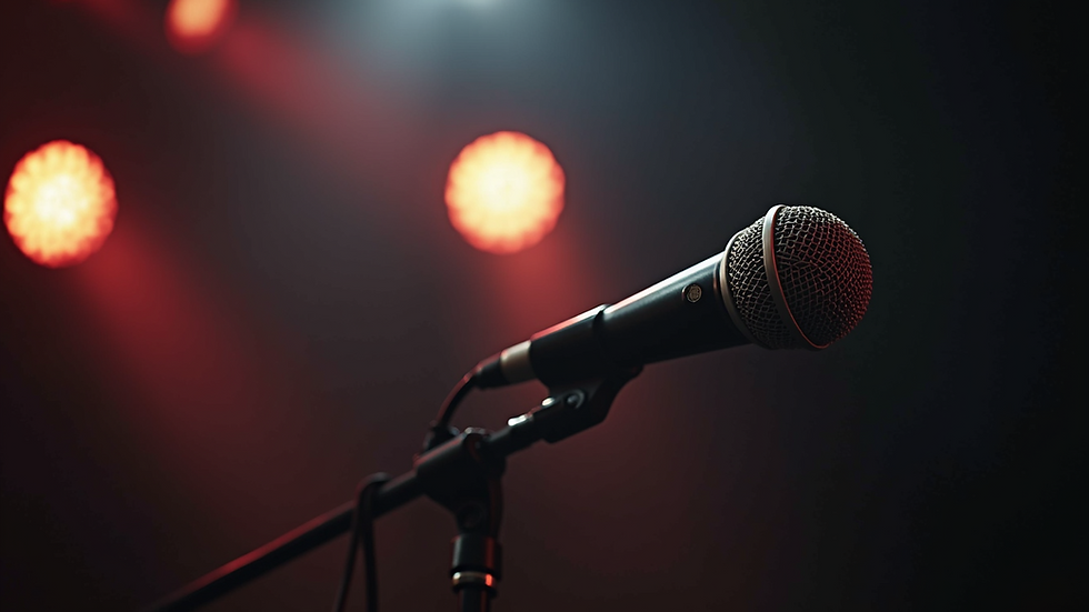 Close-up view of a microphone on a stage with dim lighting