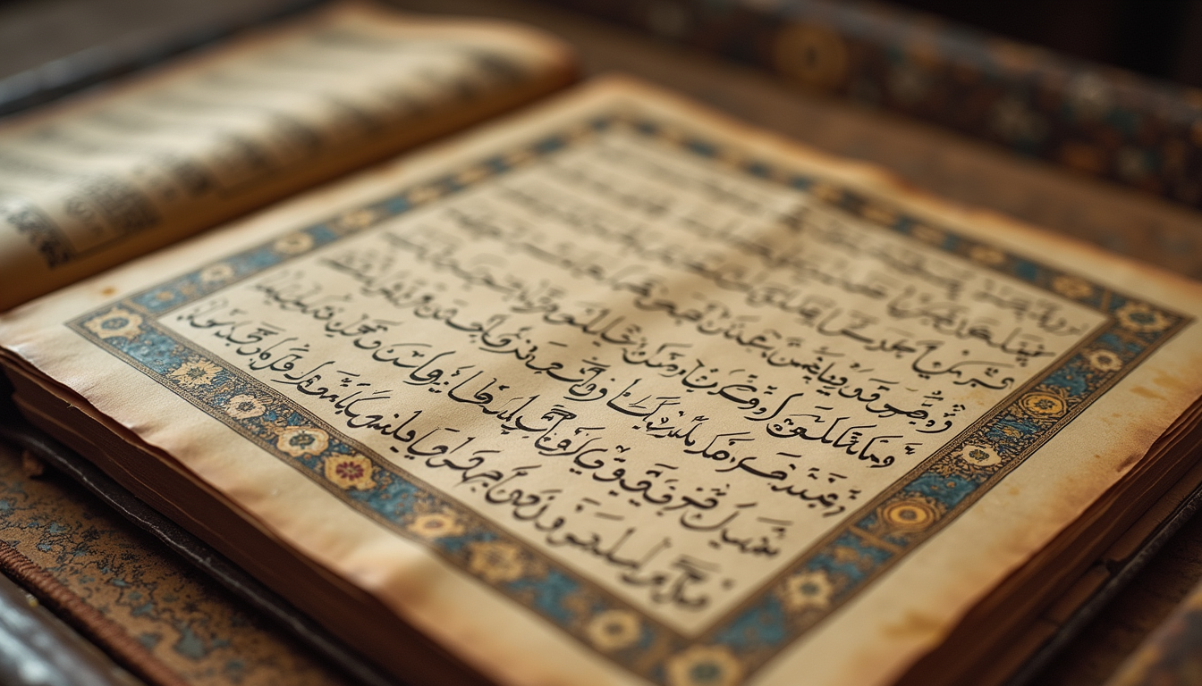 Eye-level view of an ancient Persian manuscript with intricate calligraphy and decorative borders