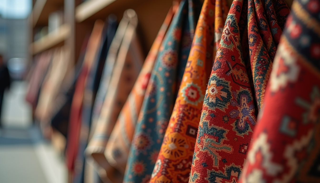Eye-level view of a luxury scarf display featuring Kurdish-inspired designs