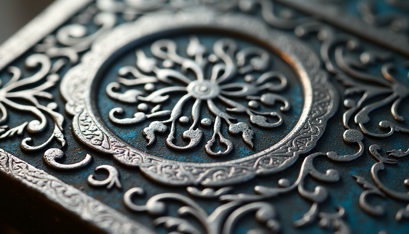 Close-up view of a silver inlaid metalwork piece showing intricate Veneto-Saracenic arabesque patterns