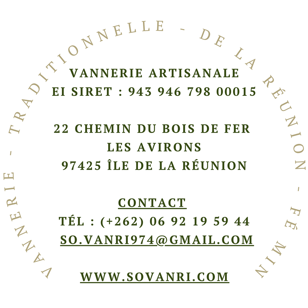 Tampon artisanal rond, aux couleurs chaleureuses de So Van’ri, affichant élégamment toutes les coordonnées de l’entreprise. Il respire l’authenticité et le savoir-faire réunionnais, évoquant la tradition, la rigueur et la passion derrière chaque création. Comme un sceau d’âme, il transmet confiance et sérieux tout en gardant un charme artisanal qui séduit instantanément.