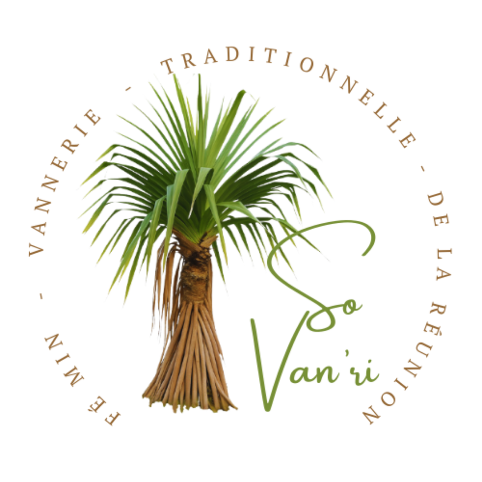 Un arbre de Vacoa stylisé sur fond blanc, représentant la fibre locale utilisée en vannerie artisanale traditionnelle de l'île de La Réunion, avec un arc de cercle portant l’inscription « Fé min (en créole) Vannerie Artisanale Traditionnelle de La Réunion », évoquant élégance, authenticité, savoir-faire et culture locale