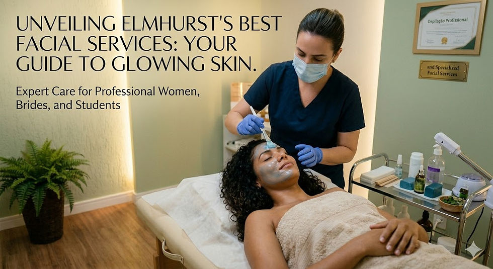 Esthetician gives a facial to a reclining woman in a spa room; text reads Elmhurst’s best facial services and glowing skin.
