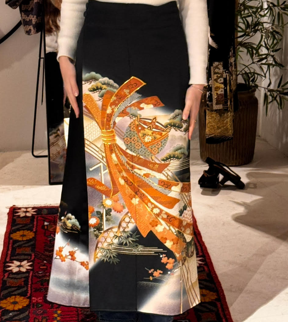 Gonna in seta ricavata da Kimono con Nastro arancione