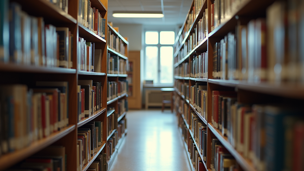High angle view of Finnish school library with books and study spaces