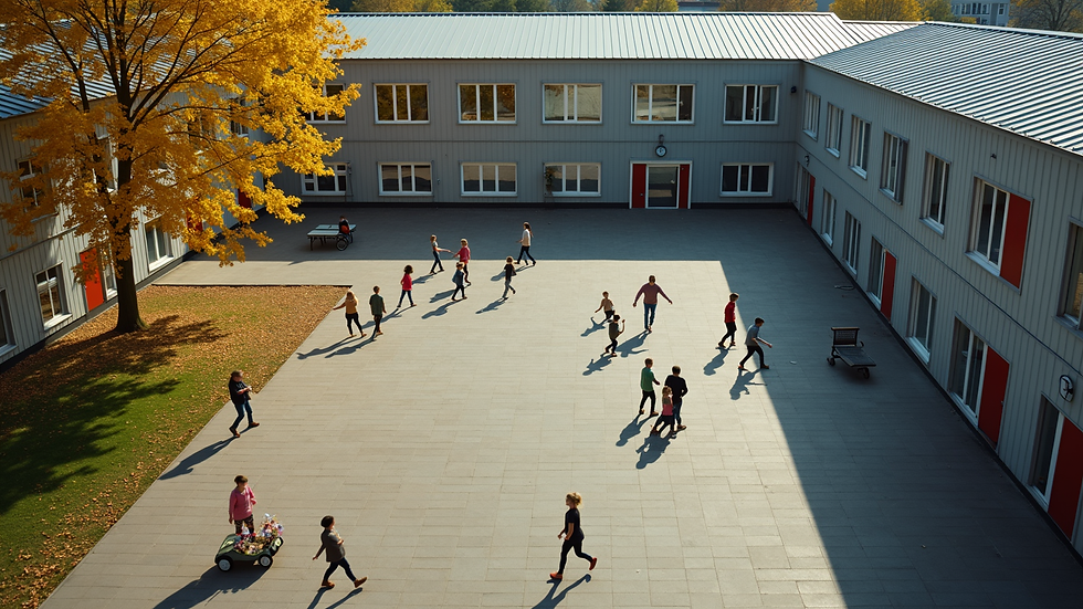 High angle view of a Finnish schoolyard with children engaged in outdoor learning activities