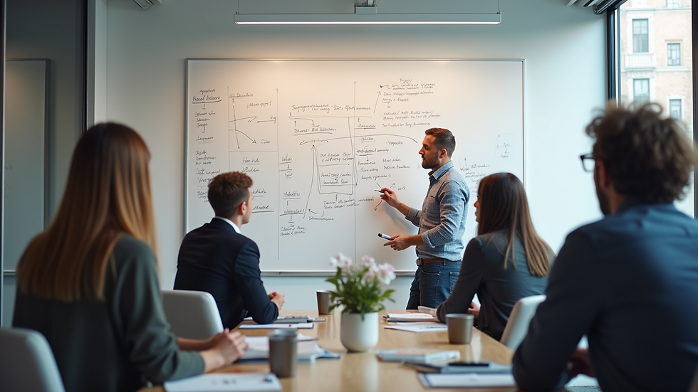 Wide angle view of a group brainstorming ideas on a whiteboard