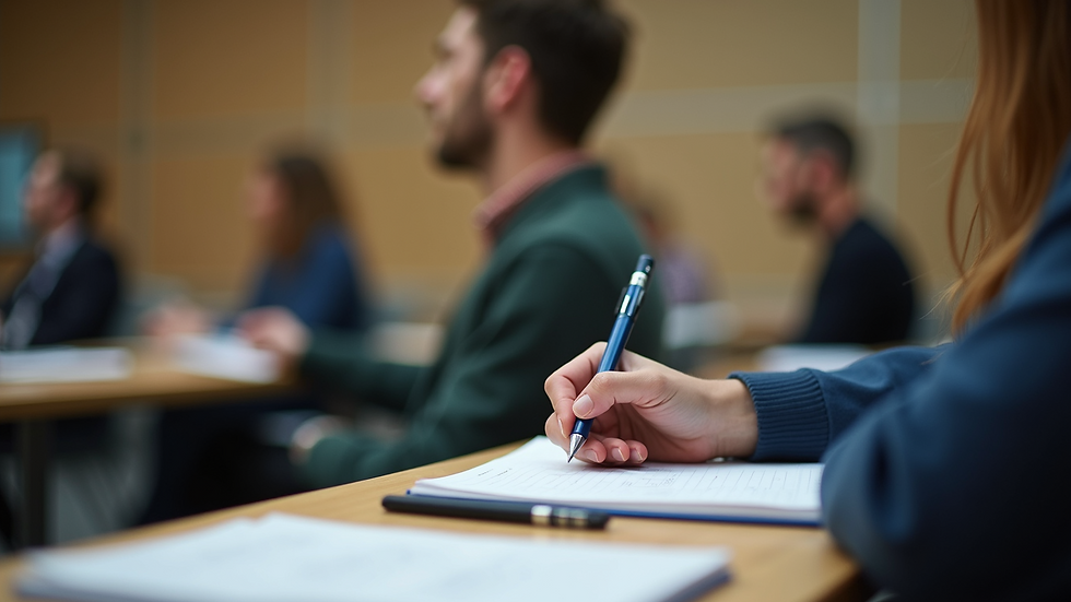 High angle view of a teacher taking notes during a professional development seminar
