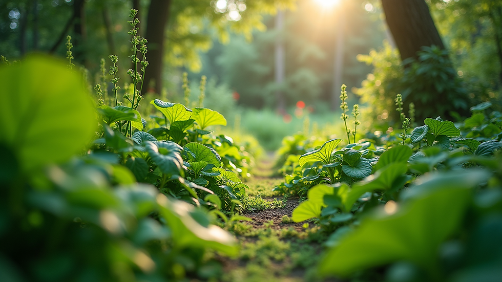 Eye-level view of a lush green garden with diverse plants